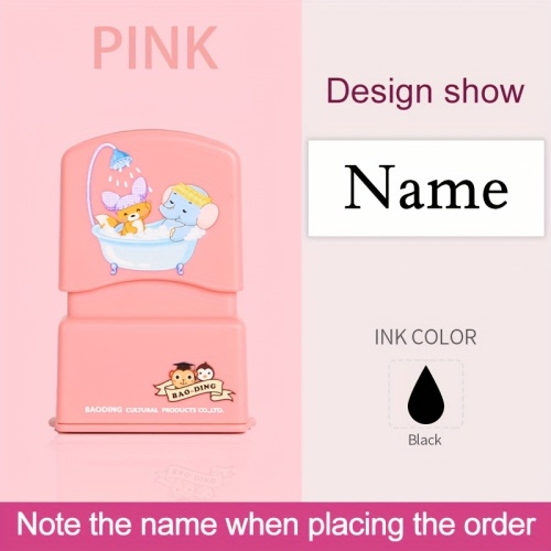 1pc Customized Pink Name Stamp - Waterproof & Non-Fading Personalized Clothing Name Tag with Cute Cartoon Animals & Playful Fonts for Kids, Babies, Students - Kindergarten, Daycare, School Supplies, Kindergarten Essentials, Playful Design, Customizable Te