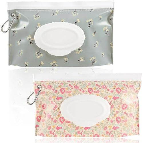 FEBSNOW 2 Pack Baby Wipes Dispenser, Portable Refillable Wipe Holder Baby Wipes Container Travel Wipes Case Reusable Wet Wipes Pouch (Floral)