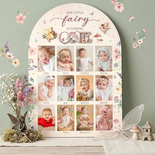 Our Little Fairy is Turning One Photo Board - Fits 2 x 3 Inch Photo, 3D Fairy First Birthday Party Decoration, 12 Months Milestone Picture Frame 1st Baby Girl Photo Banner for Nursery Decor Baby Keepsake Gift