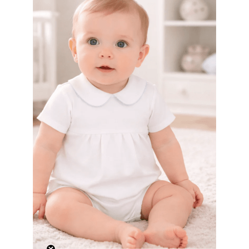 Magnolia Baby Essentials Collared Bubble - White with Blue Trim