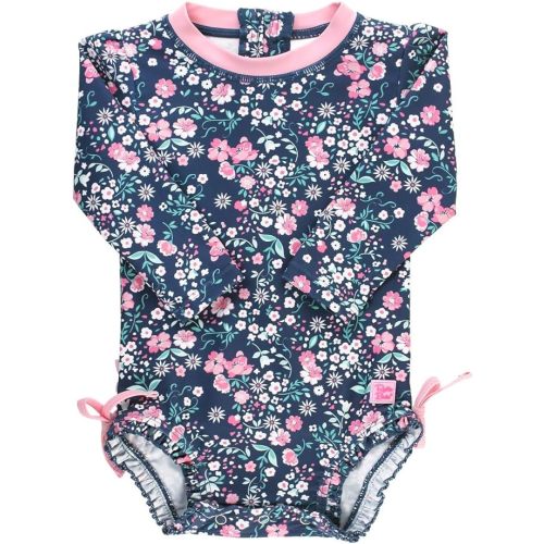 RuffleButts Baby Girls UPF 50+ Sun Protection Floral Printed Long Sleeve One Piece Rash Guard Swimsuit with Zipper