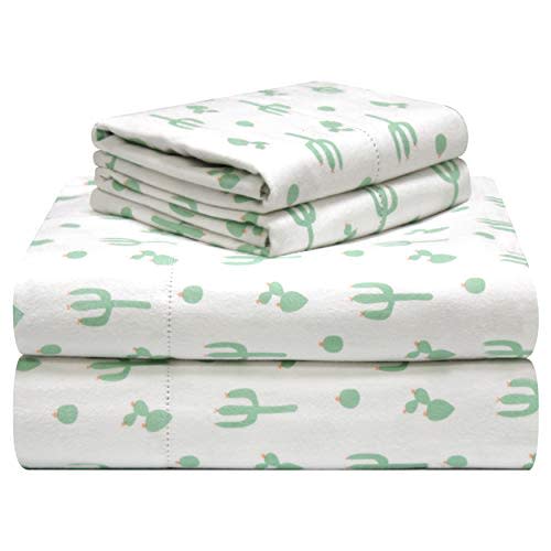 Pointehaven 180 GSM Velvet Feel Luxury 100% Cotton Printed Flannel Sheet Set, Twin, Cactus - Warm & Cozy - Pre-Shrunk -Deep Pockets - Elastic All Around-Comfy Double Brushed -