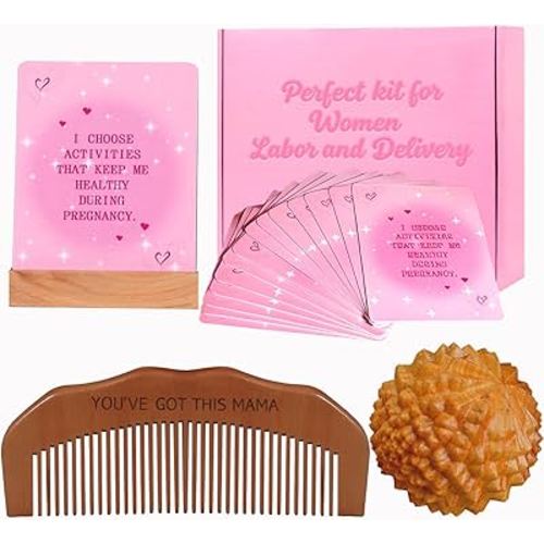 Labor Comb Acupressure Massage Ball Affirmation Cards Set - Wooden Birth Comb&Ball for Natural Labor, Pregnancy Affirmation Cards To Inspire & Empower Your Pregnancy Journey,Pregnancy Gifts for Mom