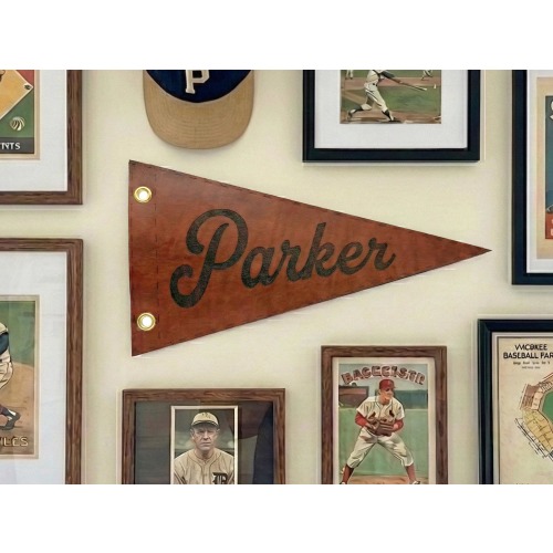 Custom Name Leather Engraved Pennant: Vintage Style Personalized Banner Sports Themed Room