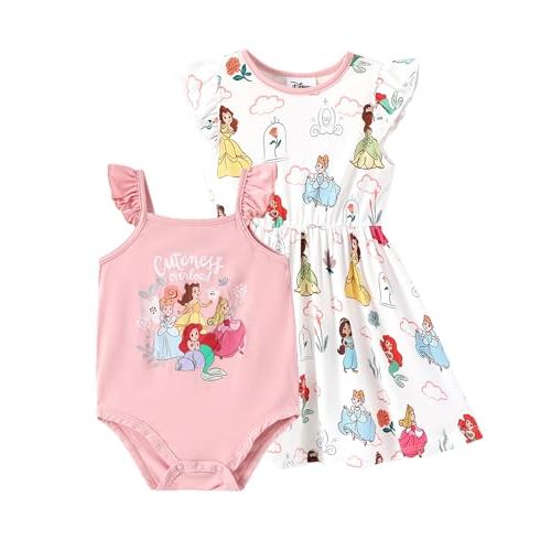 Disney Baby Girls Bodysuit and Round Neck Ruffle Sleeve Dress Clothes Outfit Set for Newborn to Infant
