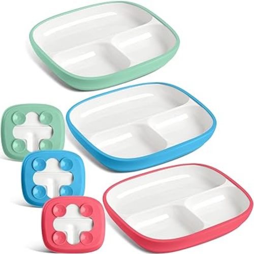 Domensi 3 Set Kids Porcelain Plates with Silicone Sleeves 8.2 Inch Divided Porcelain Plate Toddler White Suction Dishes for Baby Troubleless Eating Microwave Dishwasher Safe (Bright)
