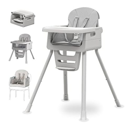 3-in-1 High Chair for Babies and Toddlers, Infant to Toddler Seating&Dining | Easy Clean Convertible Portable Dishwasher Tray 5-Point Harness Stable Non-Slip Feet Waterproof Seat Pad Grey