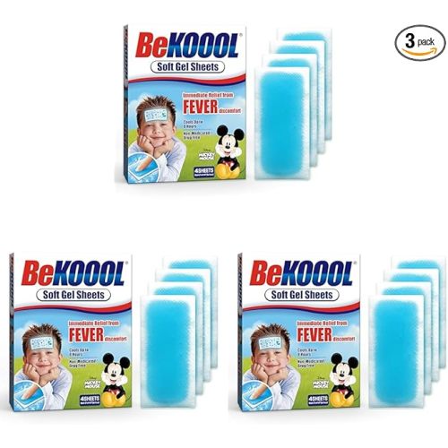 BEKOOOL Soft Gel Sheets for Kids for Cooling Relief from Fever discomfort | 4 Count (Pack of 3)