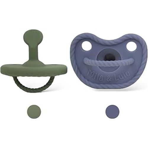 Mila & Lulu Orthodontic Shape Silicone Pacifiers (Set of 2); 0 Months and up; 100% Food Grade Silicone, One Piece Design (Olive/Ocean)