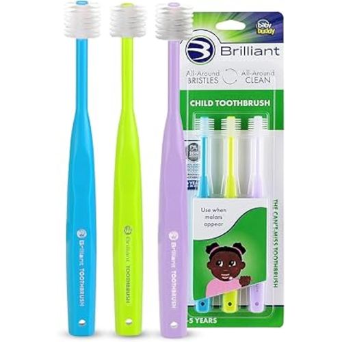 Brilliant Oral Care Child Toothbrush with Soft Bristles and Round Head, for a Kid Approved, Easy to Use All-Around Clean Mouth, Ages 2-5 Years, Sky Blue Lime Lilac, 3 Pack