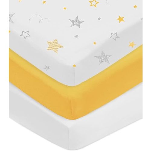 American Baby Company 3 Pack 100% Natural Cotton Fitted Pack and Play Sheets 39" x 27" - Soft & Breathable Pack N Play Sheets for Playard & Mini Crib Mattress, Yellow Star/Yellow/White, for Boy & Girl
