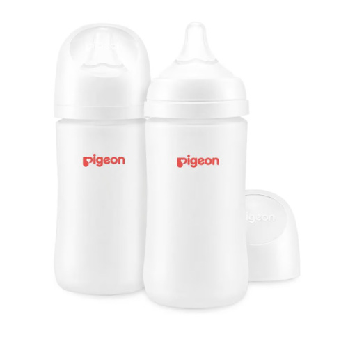 Pigeon Silicone Coating (Glass Inside/Silicone Outside) Baby Bottle, Wide Neck, Streamlined Body, Natural Feel, Easy to Clean, Heat-Resistant, 5 Oz (Pack of 2), Includes 2 pcs SS Nipples (0m+)
