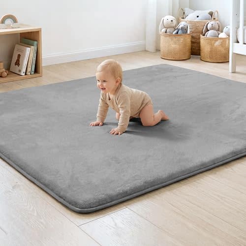 1.3" Thick Baby Floor Play Mat 50x74, Basic Padded Foam Mat for Tummy Time Crawling, Non Slip Cushioned for Babies Toddlers Infants Kids (Light Grey)