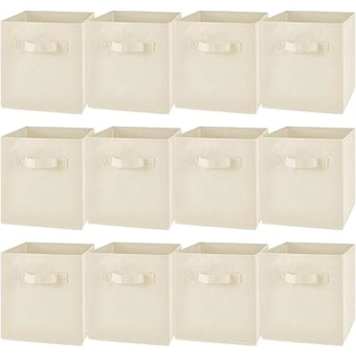 Yinder 12 Pcs Cube Storage Bin 11'' Storage Bins for Room Decor Colorful Bins Foldable Baskets for Nursery Organizer Boxes Fabric Boxes (Beige)