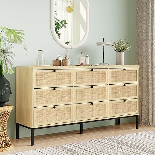 Yechen Natural Rattan 9 Drawer Dresser, 59" Wide Light Wood Chest of Drawers, Large Boho Oak Dressers with Smooth Metal Slides, Mid-century Dresser TV Stand Drawer Organizer for Bedroom Nursery Closet