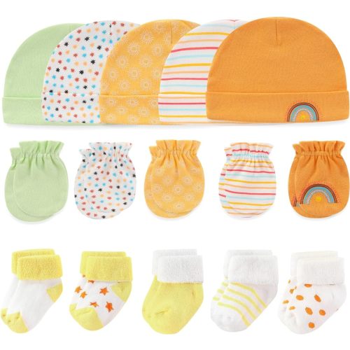 Newborn Baby Boy Girl Caps Mittens Socks Set Cotton Baby Essentials Accessories (Hats+Gloves+Socks)