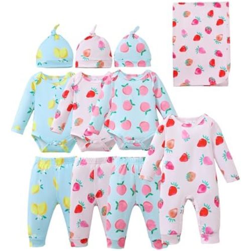 Renotemy Baby Girl Newborn Essentials Clothes 11-Piece Layette Set with Bodysuits, Pants, Hats, Blanket-Infant Gift Outfits