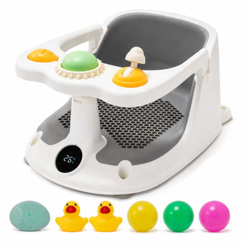 Gofinoday Baby Bath Seat for Babies 6 Months+, Infant Bath Chair with Backrest, Soft Cushion, Suction Cups and Temperature Display, Grey
