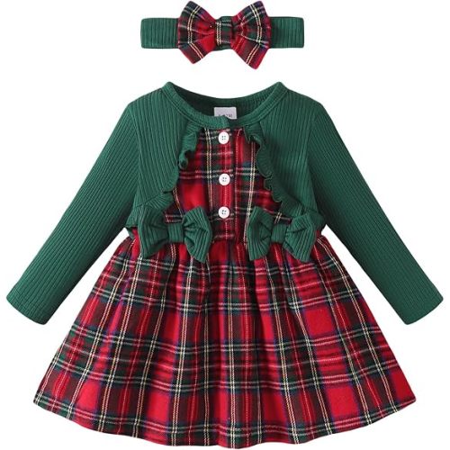 Renotemy Baby Girl Dress Fall Button Bow Outfits Toddler Clothes 3M-3T