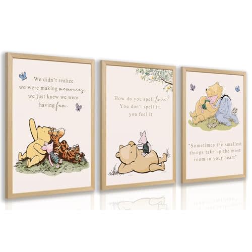 LERVR Wood Framed Bear Nursery Wall Art Set of 3, Cute Bear and Friends Storybook Canvas Print, Sweet Inspirational Quote Decor, Cartoon Animal Nursery Artwork for Kids RoomPlayroom 12x16 Inch