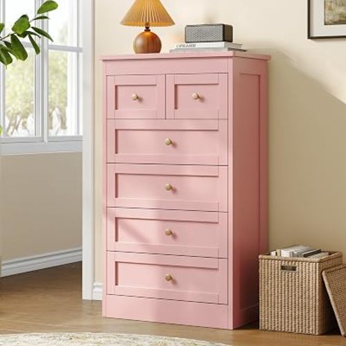 wanan Tall 6 Drawer Dresser for Bedroom, Pink Modern 43.3'' Tall Wood Chest of Drawers, Storage Organizer with Smooth Metal Rails & Anti-Tip Kit for Closet, Hallway, Living Room