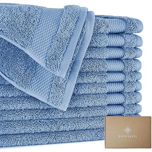 BIOWEAVES 100% Organic Cotton 700 GSM Plush Washcloths 13" x 13" GOTS Certified - Cerulean Blue, Pack of 12