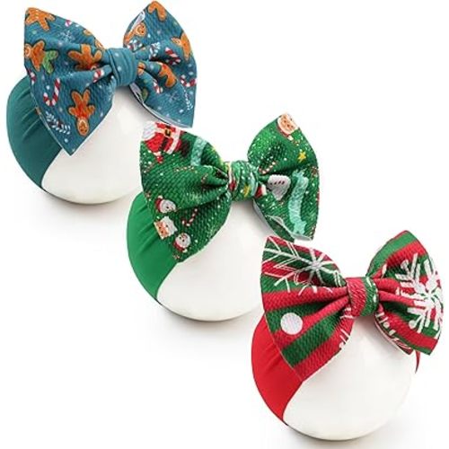 Christmas Baby Headbands 3 Pcs Nylon Headbands with Bows for Baby Girl Hair Accessories for Newborns, Infants, Toddlers Christmas Outfit