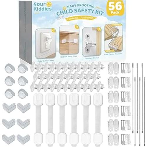 4our Kiddies 56 Pack Baby Proofing Kit, 6 Child Proof Cabinet Locks, 32 Outlet Covers, 6 Anti-Tip Furniture Anchors and 12 Corner Protectors, Child Safety Essentials to Protect Kids at Home