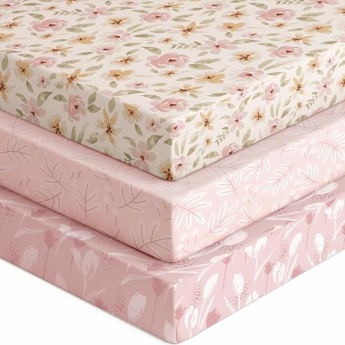 Baby Crib Sheets for Boys Girls, Fitted Crib Sheet Neutral 3 Pack for Standard Crib and Toddler Mattress, Breathable Soft Microfiber Baby Sheet 28x52x8in Pink Flowers & Leaf