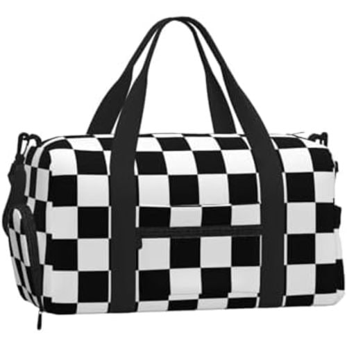 Fiokroo Sports Gym Bag Black And White Checkered Travel Duffel Bag For Men Women With Shoe Compartment Water Resistant Gym Bag Carry On Duffel Bag For Weekend Traveling Yoga Gym Sports