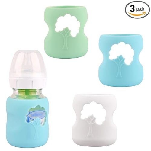3 Pack Silicone Sleeves for Dr. Brown's Natural Glass Baby Bottles 5 oz | Anti Breakage Baby Bottle Holder, Compatible Dr. Brown Wide-Neck Glass Baby Bottles 5 oz (White+Blue+Green)