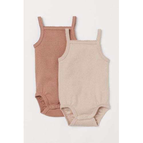2-pack Ribbed Cotton Bodysuits, Light beige/dark beige