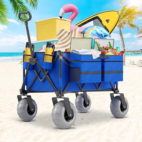 Beach Wagon with Big Wheels for Sand, 450lbs Heavy Duty Folding Wagon, Oversized 200L, 9" PVC All-Terrain Wheels, Adjustable Handle, Cooler & Storage Bags for Beach, Camping, Garden & Outdoor Sports