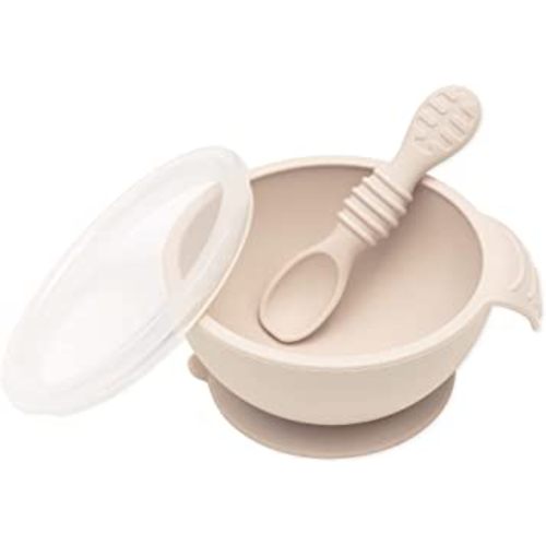 Bumkins Feeding Set with Suction, Includes Spoon and Lid, Training Essentials for Baby-Led Weaning, Toddler Self-Feeding, Babies Eating at 4 Mos Up, Beige