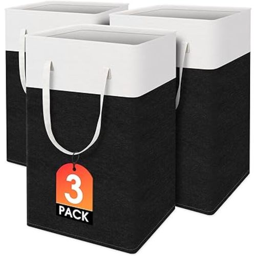 TasticTotes laundry basket 3-Pack, laundry hamper, Hamper with handles, collapsible laundry baskets, Waterproof dirty clothes hamper, Towel Storage for Home or Dorm, 75L-Black