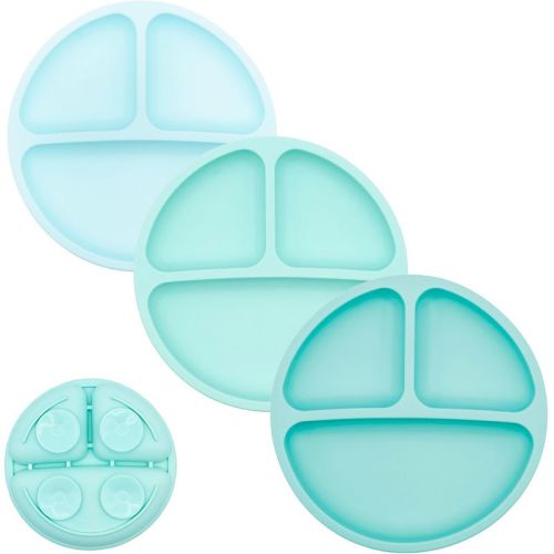 WeeSprout Suction Plates for Babies & Toddlers 100% Silicone Divided Design - No Lids, 3 Pack (Sky, Mint & Teal)