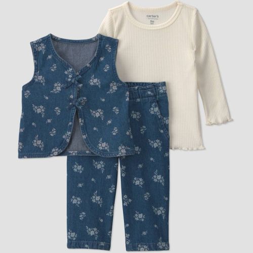 Carter's Just One You® Baby Girls' 3pc Long Sleeve T-Shirt, Floral Denim Vest and Pants Set - Blue 18M