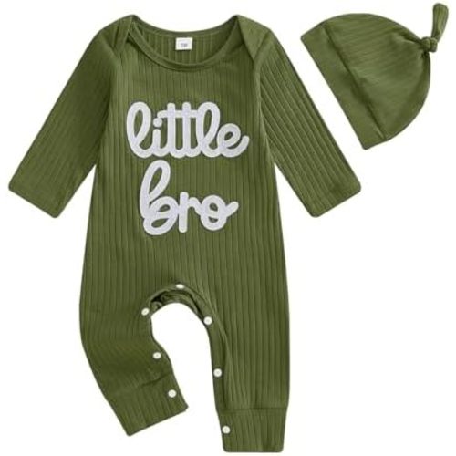 Newborn Baby Boys Romper Long Sleeve Little Brother Letter Print Ribbed Bodysuit Jumpsuit Infant Coming Home Outfit