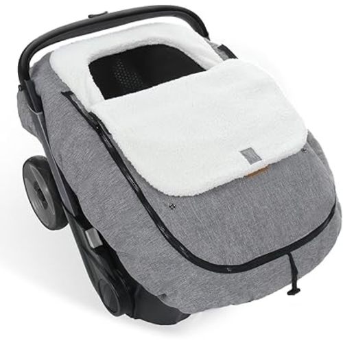 Bioby Winter Baby Car Seat Cover for Boy Girl, Extra Cozy Warm Infant Carseat Covers Canopy with 350g Thickened Fleece Lining, Waterproof, Adjustable Zipper Button Peep Window, Universal Fitted Gray