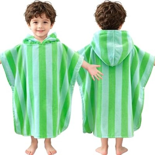 VOOVA & MOVAS Toddler Hooded Bath Towel, Oversized (2-4Years,21"X21") Made from 100% Soft Cotton,Absorbent Hooded Poncho Towel for Baby,Perfect for Pool | Swimming | Bath | Beach,Green Striped