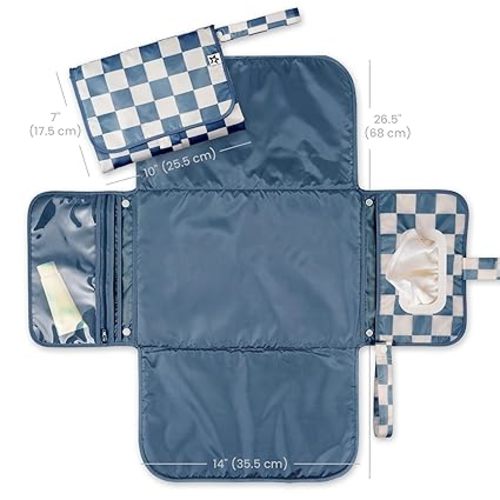 Tiny Twinkle Portable Diaper Changing Pad | Waterproof, Wipeable & Compact Baby Changing Pad for Travel | Smart Wipes Pocket & Organized Storage| Newborn Shower Gift (Blue Checkers)