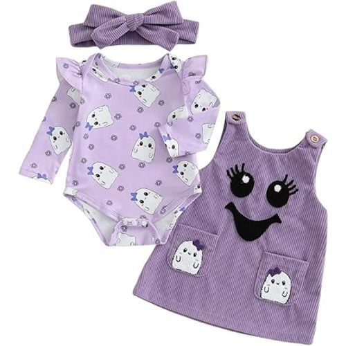 Adobabirl My First Halloween Baby Girl Outfit Pumpkin Ruffle Long Sleeve Romper Overall Dress Headband Cute Fall Clothes
