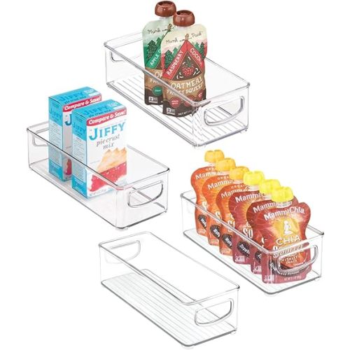 mDesign Plastic Stackable Small Organizing Bin Kitchen Pantry Cabinet, Refrigerator, Freezer Food Organization Storage Bins with Handles, Drawer Container Organizer, Ligne Collection, 4 Pack - Clear