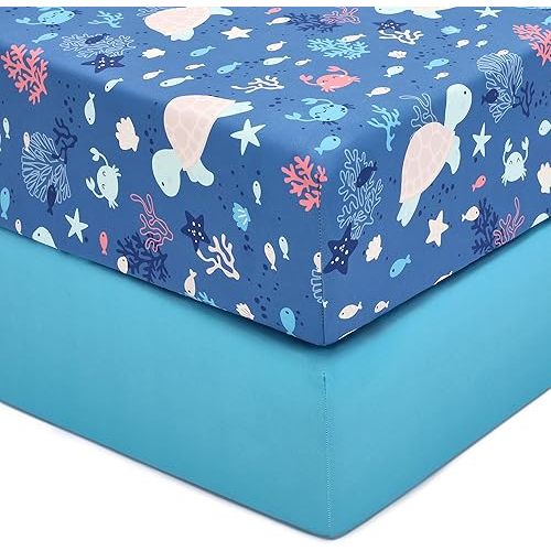 TILLYOU Baby Crib Sheets for Boys Girls, Fitted Crib Sheet 2 Pack for Standard Crib and Toddler Mattresses, Super Soft Toddler Bed Sheets 28"x52",Beach Time Turtle&Lake Blue