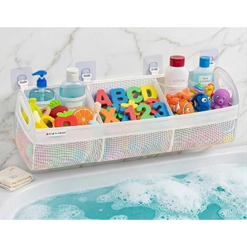 Bath Toy Storage for Bathtub – Large Bath Toy Holder & Bath Toy Net, Kids Bathtub Toy Storage Bag Organizer with 6 Strong Adhesive Hooks, Quick-Dry Mesh Bathroom Toy Holder Basket for Tub & Shower
