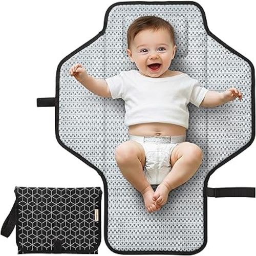 KeaBabies Portable Changing Pad for Baby, Travel – 26 x 21 Wipeable, Waterproof, Foldable Baby Diaper Changing Mat for Diaper Bag, Caddy, Car, Bed, Newborn, Compact Changer Mat Station (Black Geo)