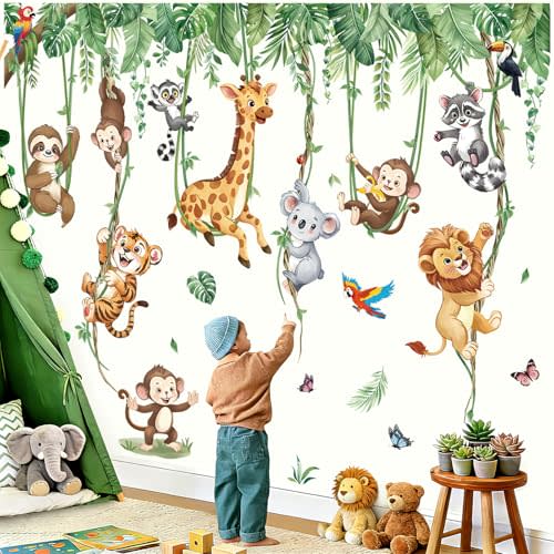 decalmile Jungle Animals Vine Safari Giraffe Lion Wall Decals Stickers | Peel and Stick Decals for Walls, DIY Wall Art Stickers, Removable & Wall-Safe, Vibrant Colors Wall Decor