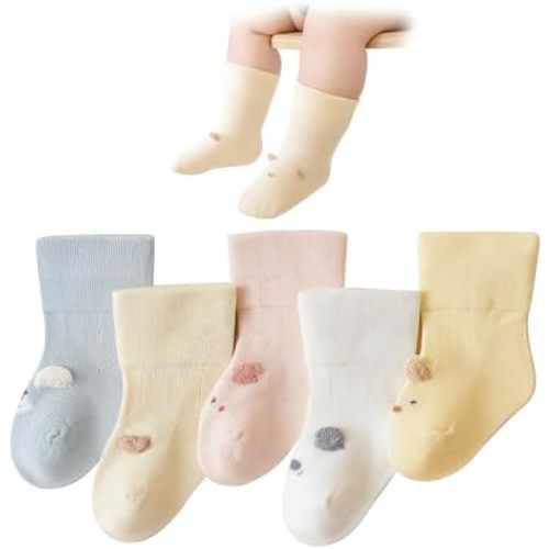 Baby Socks 5-Pairs for Girls & Boys Soft Cotton Infant Socks Seamless Toe Thick Stretch Cuffs Newborn to Toddler
