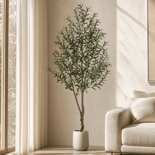ROMSWI 7FT Artificial Tree Tall with Pot, Olive Faux Plant with Lifelike Fruits and Natural Wood Trunk for Indoor Home House Office Decor