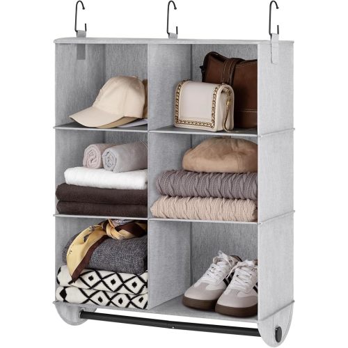 StorageWorks Hanging Closet Organizer with Metal Rod, 6-Section Closet Organizers and Storage, Collapsible Hanging Shelves for Closet, Bedroom, Kids Dorm Room, RV Camper, Grey and White